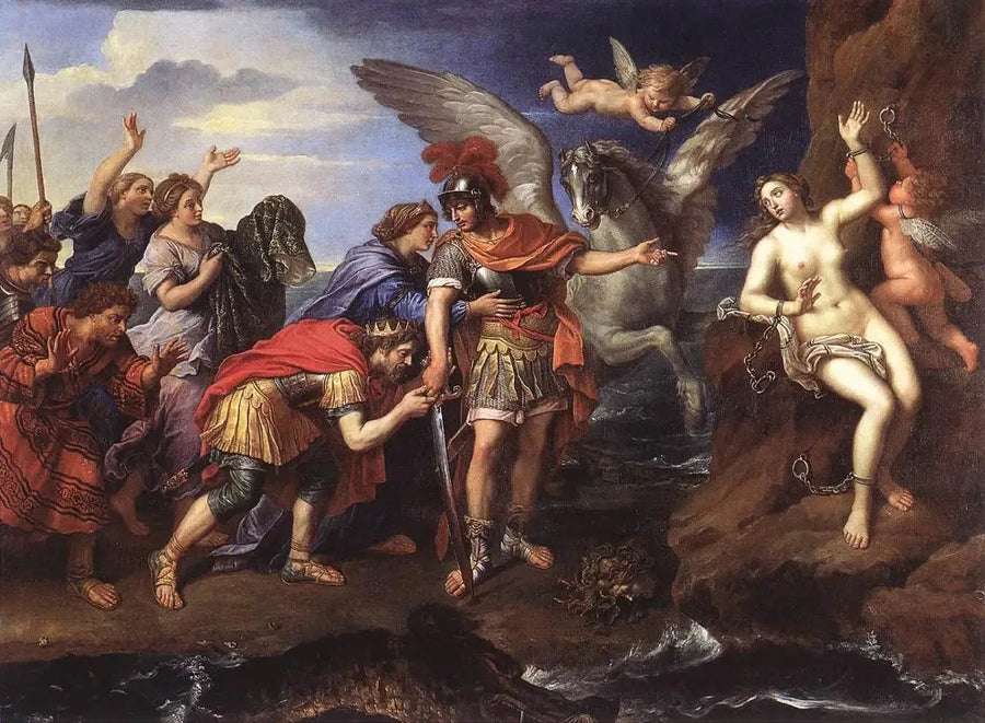 Kung Cepheus och Drottning Cassiopeia tackar Perseus för att ha räddat deras dotter Andromeda - Pierre Mignard