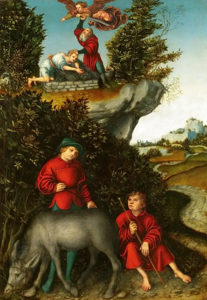 Abrahams offer: En ängel hindrar Abraham att offra Isak; tjänarna väntar vid foten av berget (Genesis 22:10-12) - Lucas Cranach den äldre