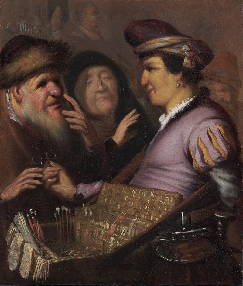Säljaren av glasögon (En gatuförsäljare som säljer glasögon, Vue) - Rembrandt