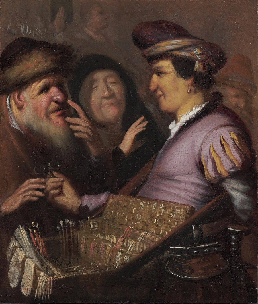 Säljaren av glasögon (En gatuförsäljare som säljer glasögon, Vue) - Rembrandt