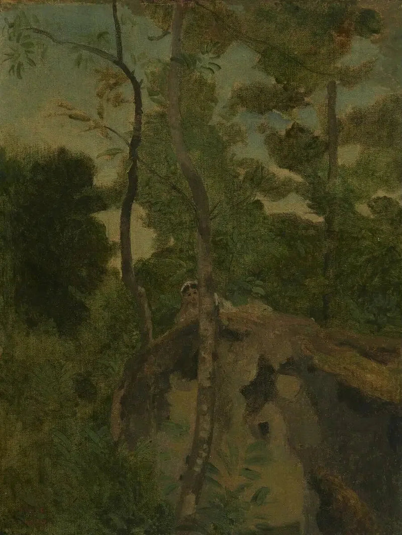 Les Alinges. Ung flicka liggande på en klippa under träden - Jean-Baptiste Camille Corot