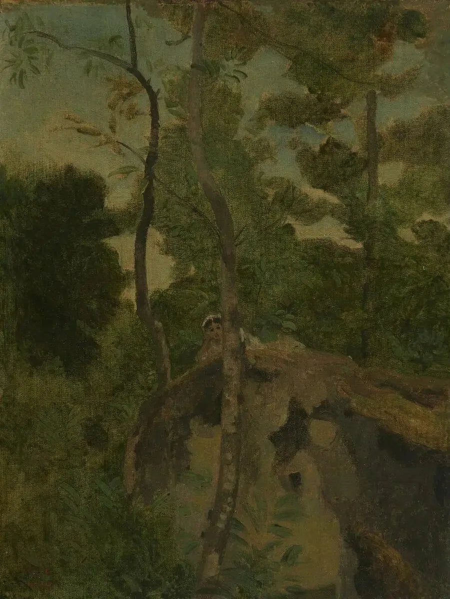 Les Alinges. Ung flicka liggande på en klippa under träden - Jean-Baptiste Camille Corot