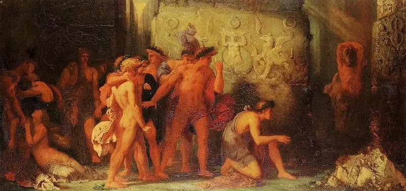 Athenarna som överlämnas till Minotauren i Kreta-labyrinten - Gustave Moreau