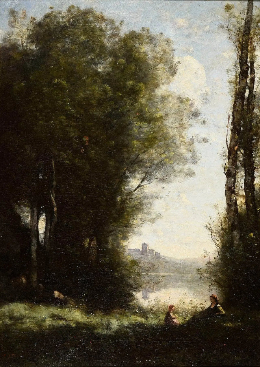 De två systrarna under träden vid sjöns strand - Jean-Baptiste Camille Corot