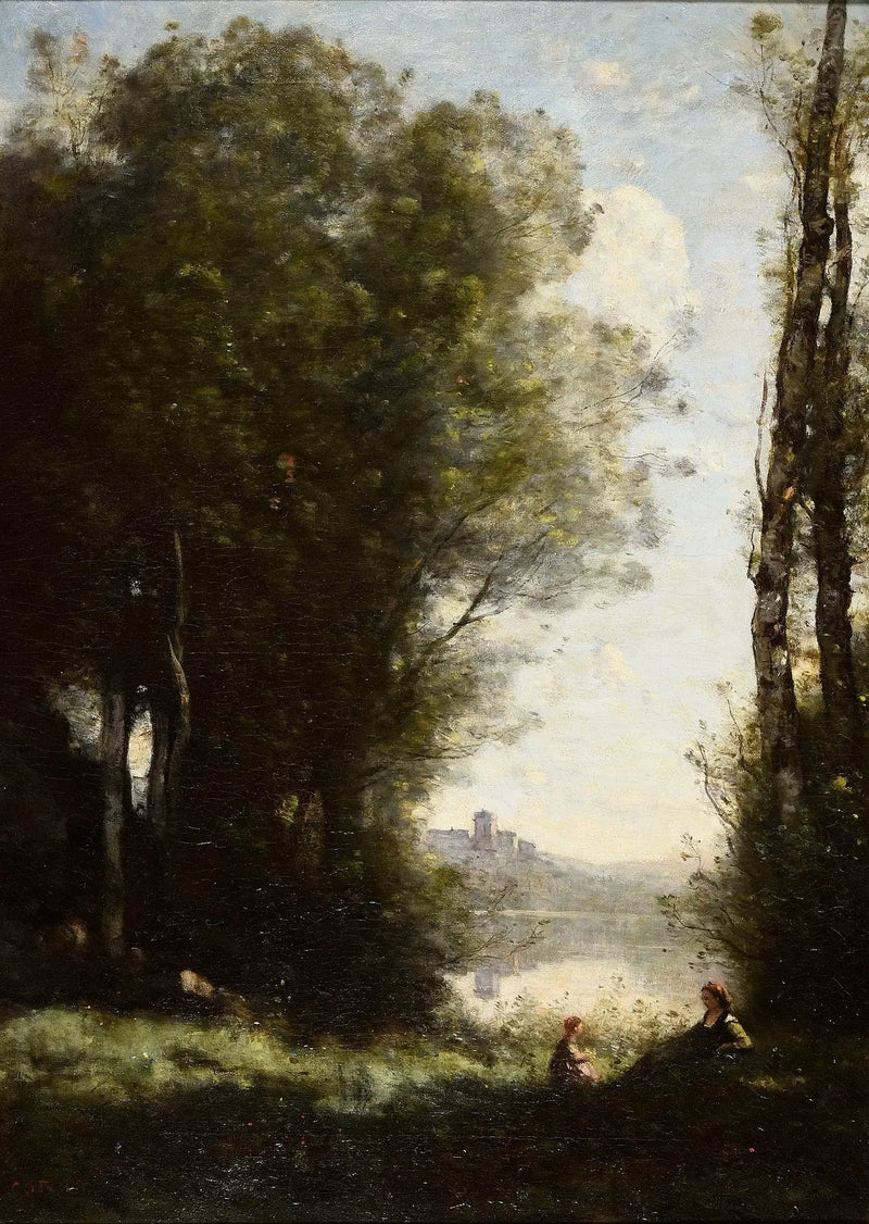 De två systrarna under träden vid sjöns strand - Jean-Baptiste Camille Corot