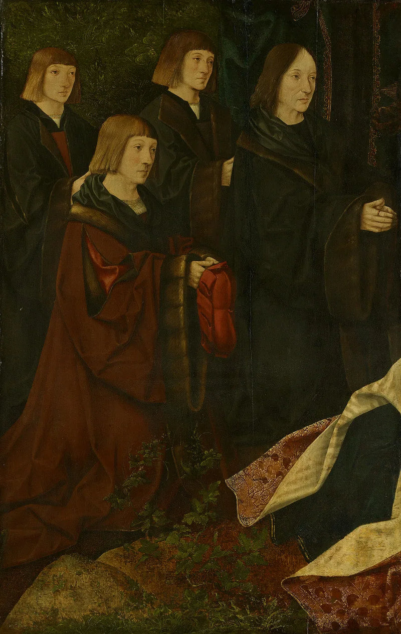 Donatorerna Korsgen Elbertzen och hans söner Dirck och Albert är till vänster, med givarna till höger. - Jacob Cornelisz van Oostsanen