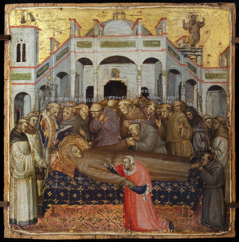 Saint Franciscus' begravning: kontroll av stigmata i närvaro av de första franciskanska bröderna, Sylvestre, Angélus, Léon, Philippe, Pierre, Bernard, Sabatinus, Barbaro, Gilles, Masseus, Maurice. - Bicci di Lorenzo