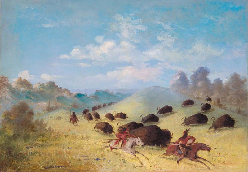 De Comanche-indianerna jagar bison med spjut och bågar - George Catlin