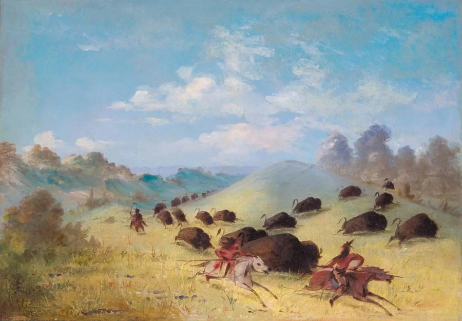 De Comanche-indianerna jagar bison med spjut och bågar - George Catlin