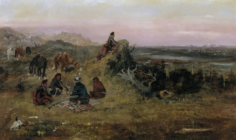 Piégans förbereder sig för att stjäla korparnas hästar - Charles Marion Russell