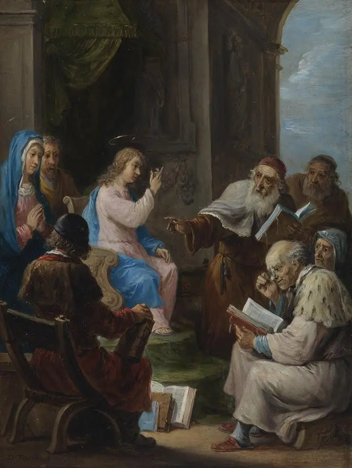 De femton mysterier av rosenkransen: den tolvårige Kristus bland templet doktorer - David Teniers den yngre