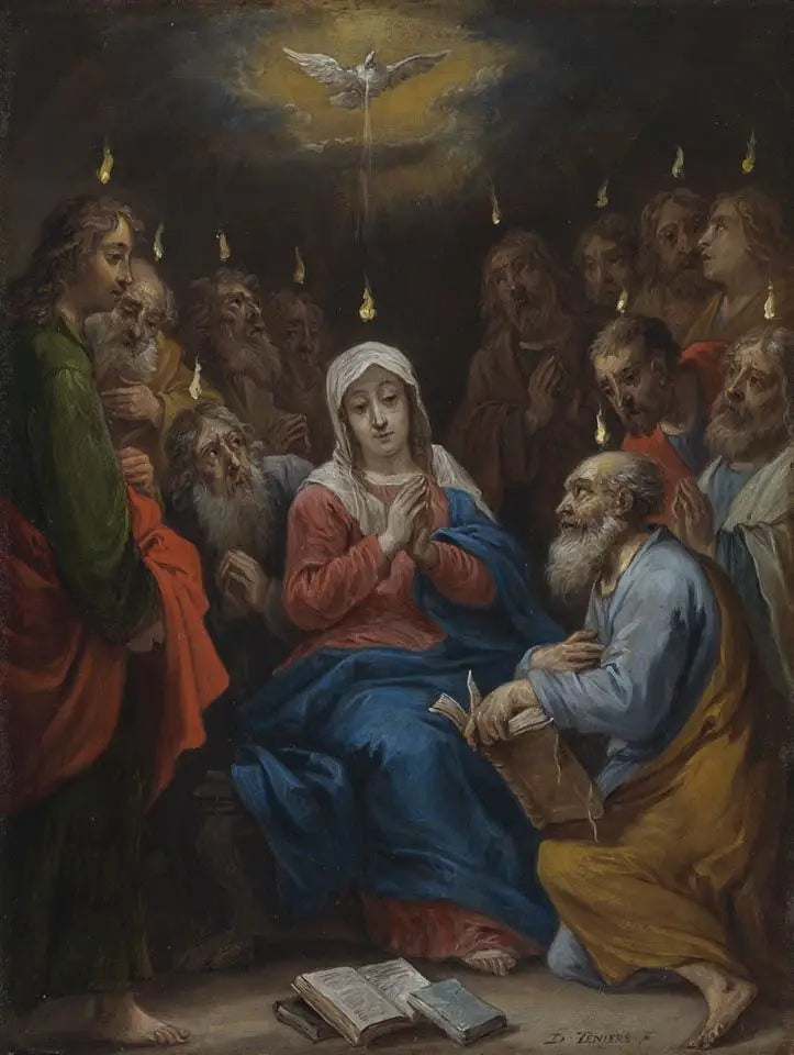 De femton hemligheterna av rosenkransen: Pingst, den Helige Anden kommer över Maria och apostlarna - David Teniers den yngre