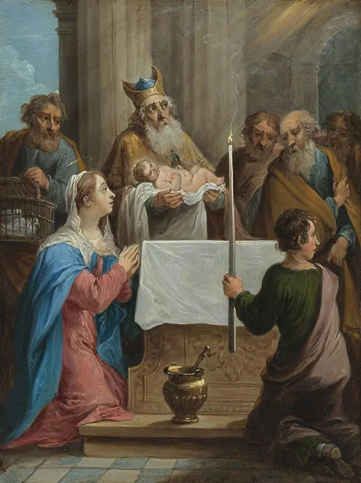 De femton mysterierna av rosenkransen: Simeon och Jesusbarnet i templet - David Teniers den yngre