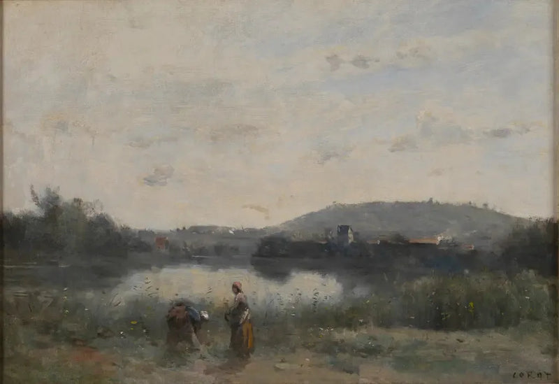 Rivans stränder som domineras på avstånd av kullar - Jean-Baptiste Camille Corot