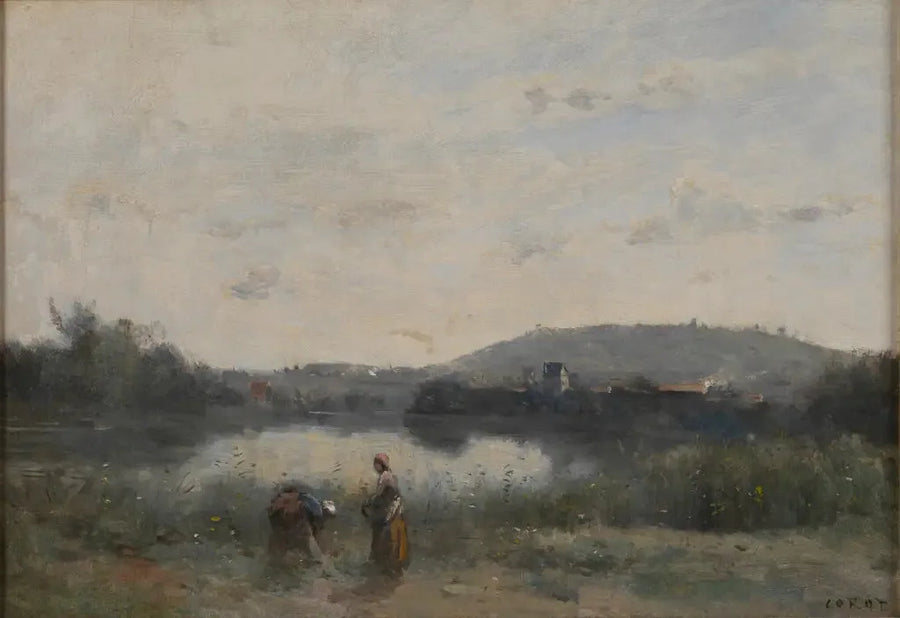 Rivans stränder som domineras på avstånd av kullar - Jean-Baptiste Camille Corot