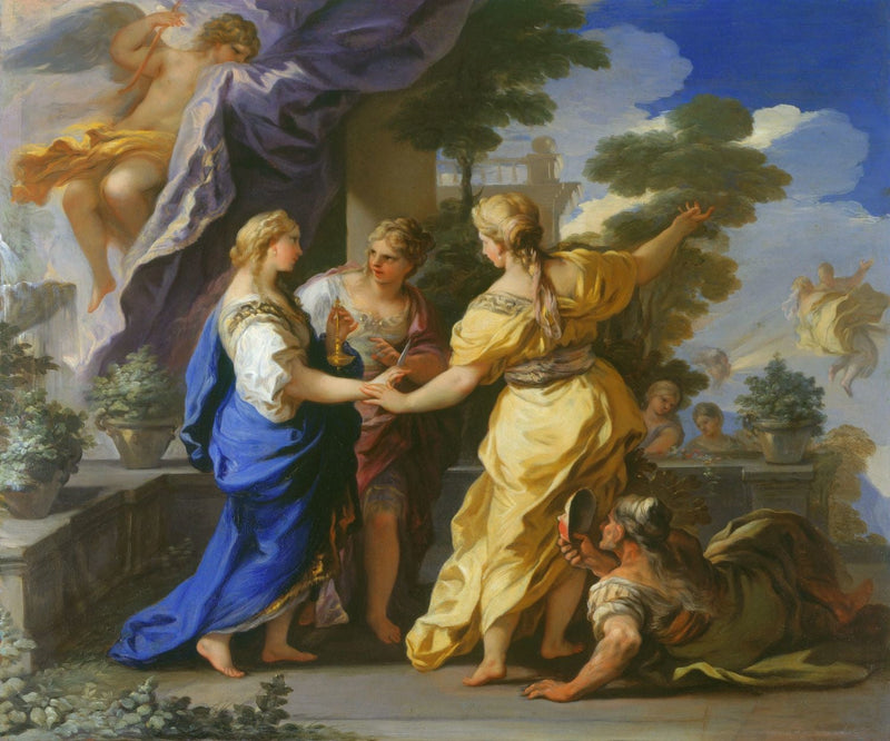 Psychés systrar ger henne en lampa och en dolk. - Luca Giordano