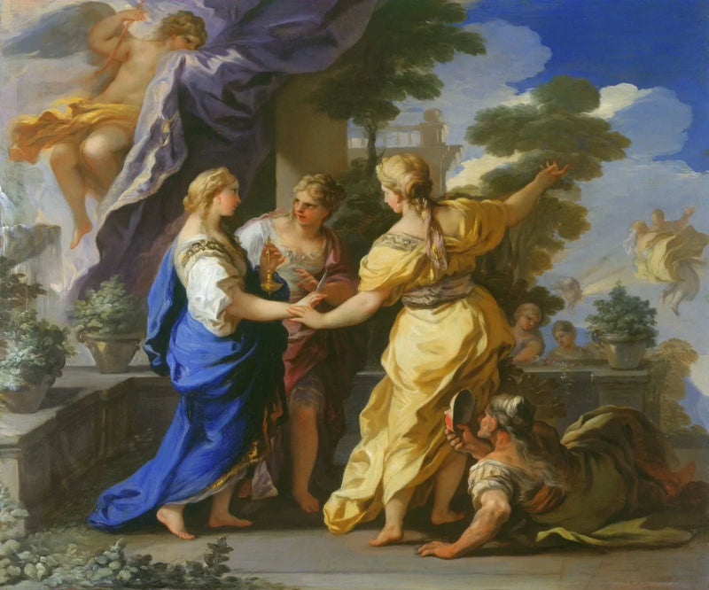 Psychés systrar ger henne en lampa och en dolk. - Luca Giordano