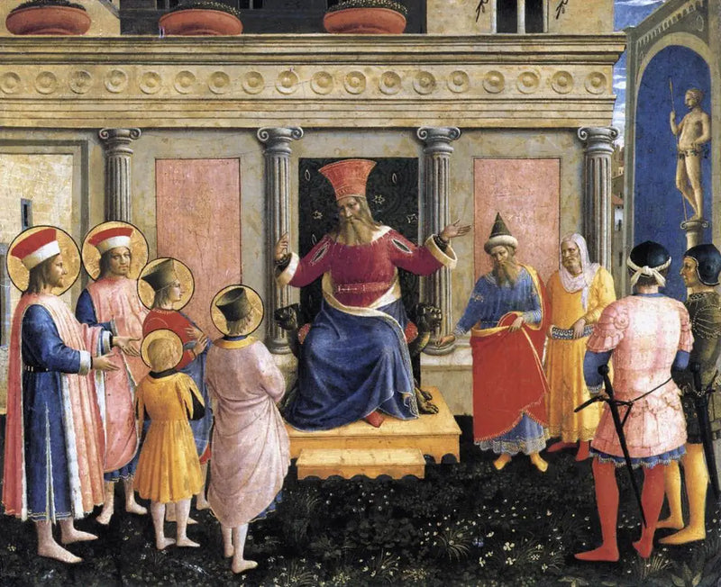 De heliga Cosmas och Damian med sina bröder framför prokonsul Lysias - Fra Angelico