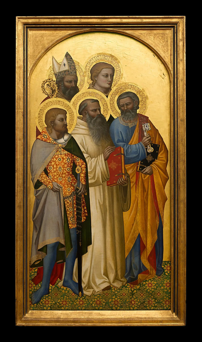 heliga Petrus, Benoît, Julien (?), Étienne (?) och en helig biskop (Nicolas de Bari ?) - Nardo di Cione