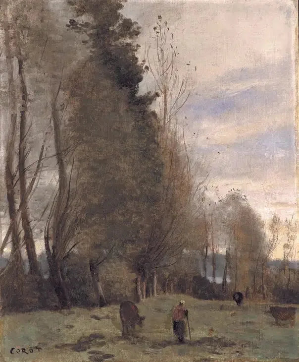 Viloområde på ranchen, bonde och tre kor - Jean-Baptiste Camille Corot