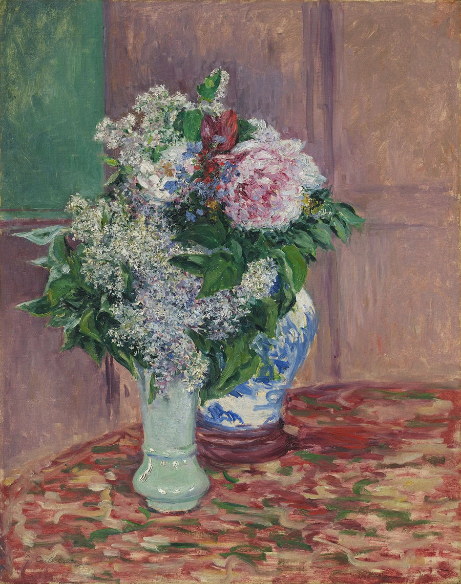 Syren och pioner i två vaser - Gustave Caillebotte