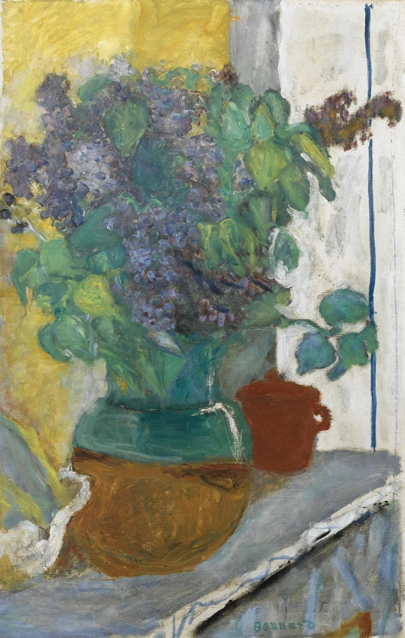 Lila i en gul och grön keramikvas - Pierre Bonnard