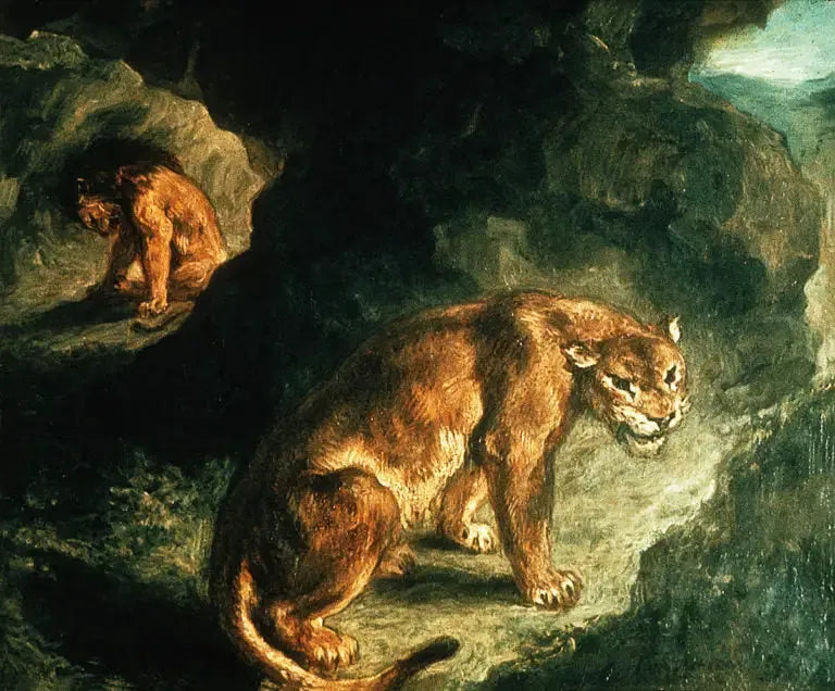 Lejoninna och lejon i sin lya - Eugène Delacroix