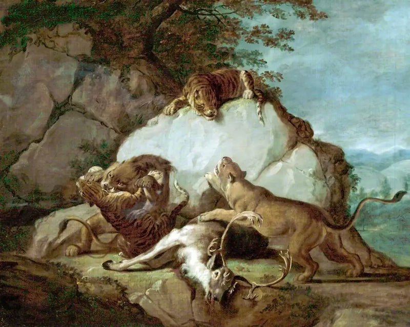 Lejon och tigrar som slåss om en hjort - George Stubbs