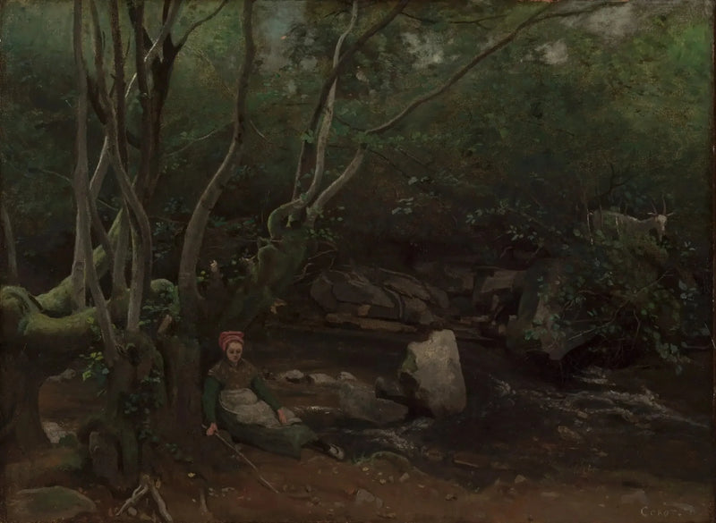 Lormes, En getterska sittande vid kanten av en bäck under skog - Jean-Baptiste Camille Corot