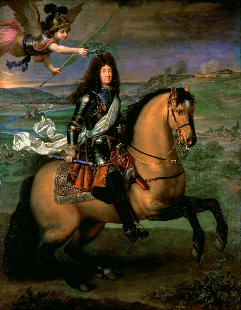 Ludvig XIV på häst krönt av seger framför Namurs fäste - Pierre Mignard