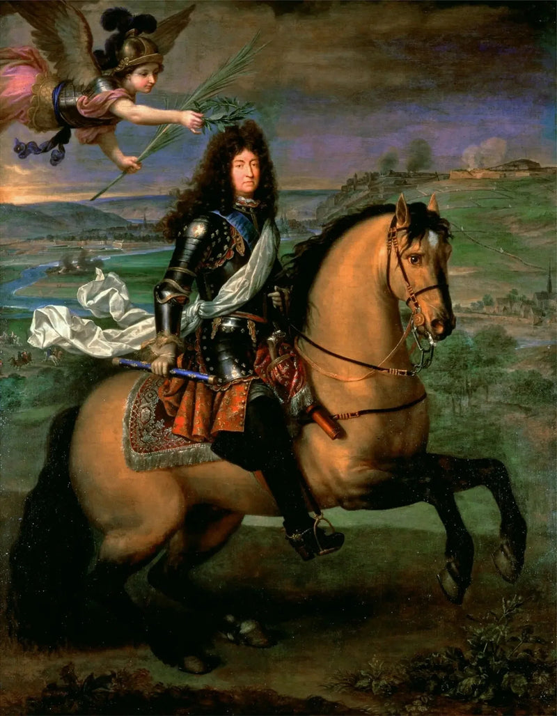 Ludvig XIV på häst krönt av seger framför Namurs fäste - Pierre Mignard