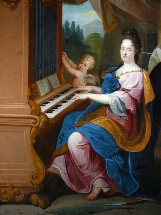 Madame de Maintenon i rollen som Saint Cécile och en pojke (kanske hertigen av Maine) i rollen som en ängel som blåser i ett orgel - Jean-Baptiste Jouvenet