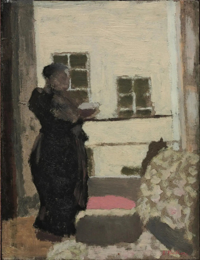Madame Vuillard stående läsande framför fönstret - Édouard Vuillard