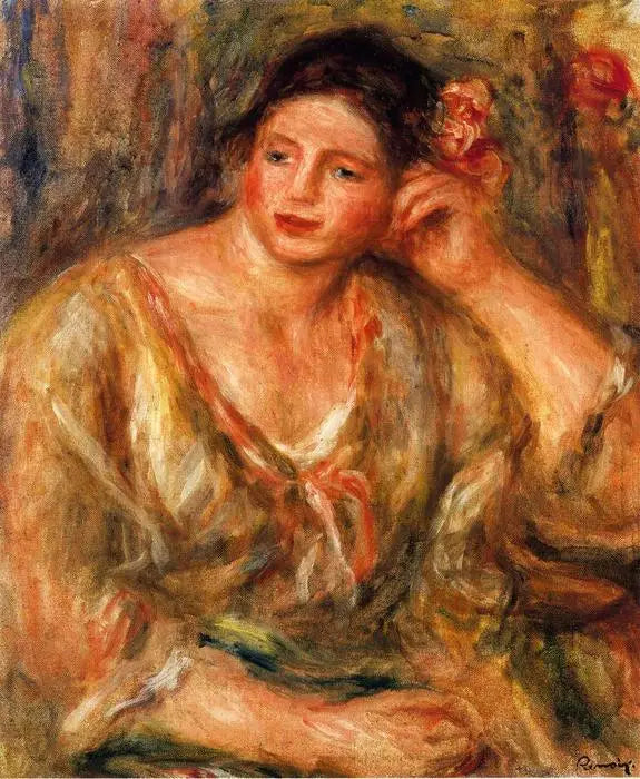 Madeleine lutande på sin arm med blommor i håret - Pierre-Auguste Renoir