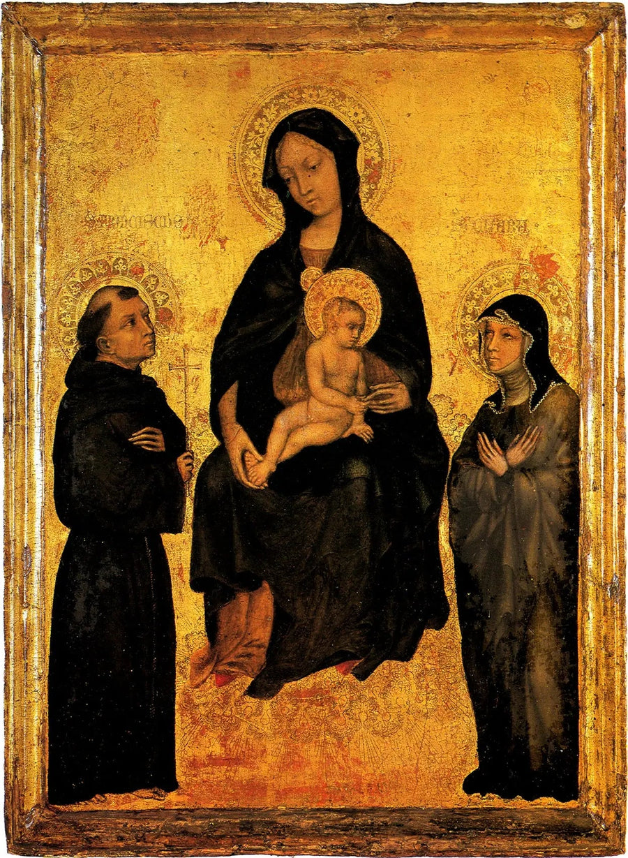 Madonna med barn i gloria bland helgonen Francesco och Chiara - Gentile da Fabriano