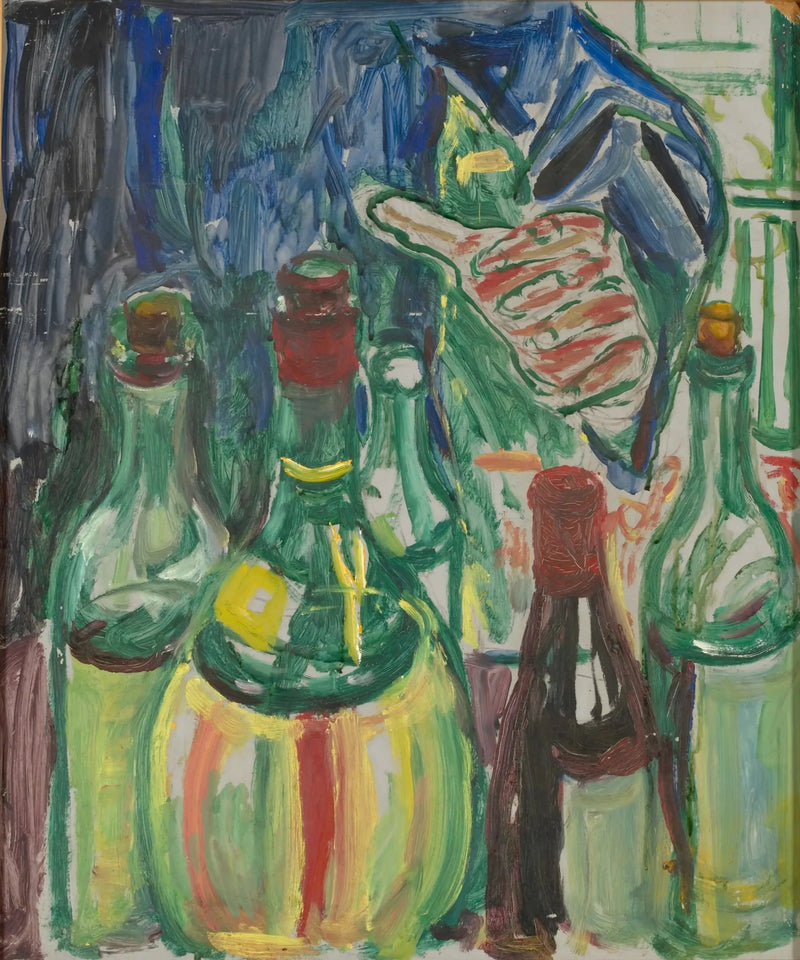 Huvud som sträcker sig mot flaskor - Edvard Munch