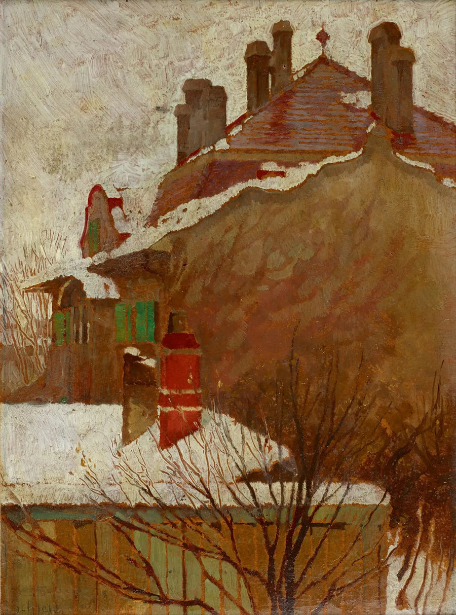Hus på vintern (utsikt från studion) - Egon Schiele