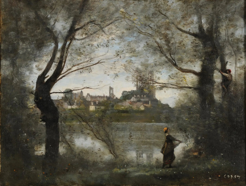 Mantes, katedralen och staden sett genom träden, kvällen - Jean-Baptiste Camille Corot