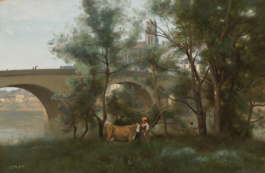 Mantes, Seine-stranden vid foten av bron - Jean-Baptiste Camille Corot