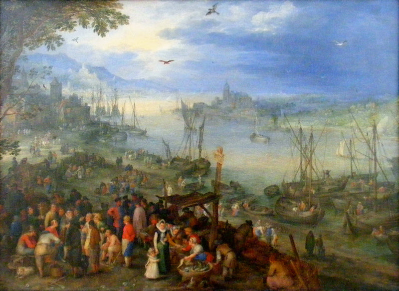 Marché de poissons sur les rives d'une rivière - Jan Brueghel l'Ancien