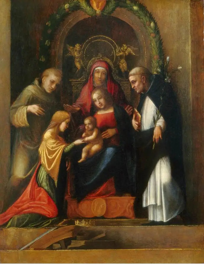 Mystisk äktenskap av heliga Katarina av Alexandria och helgon - Antonio da Correggio