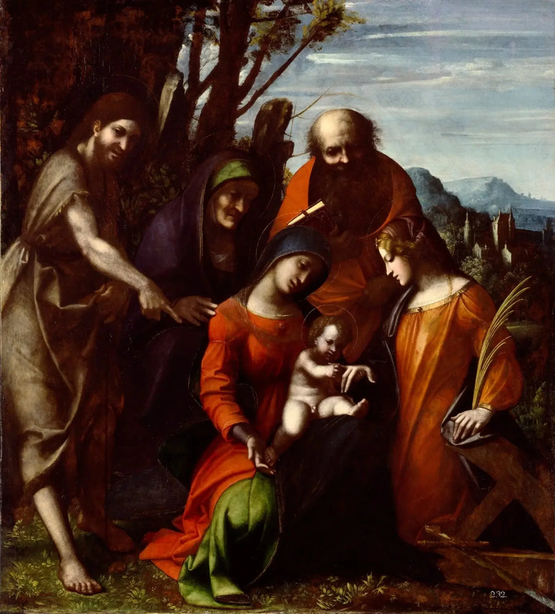 Mystisk äktenskap av heliga Katarina av Alexandria och tre helgon i ett landskap - Antonio da Correggio