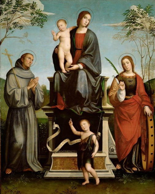 Marie med barnet, helige Franciskus, heliga Katarina och den unge helige Johannes Döparen - Francesco Francia