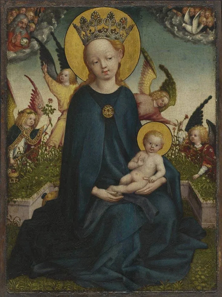 Marie med Jesusbarnet bredvid en blomlåda - Stefan Lochner