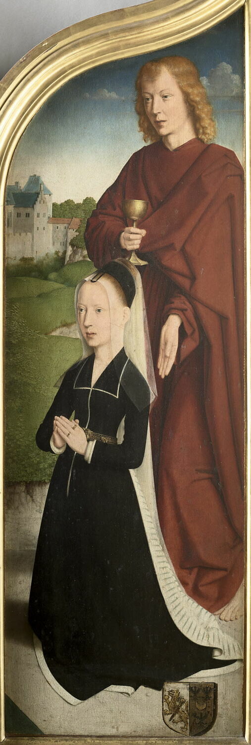 Marie, hustru till Jean de Sedano, i bön med helige Johannes Evangelisten; yttre sida: Eva, naken - Gérard David