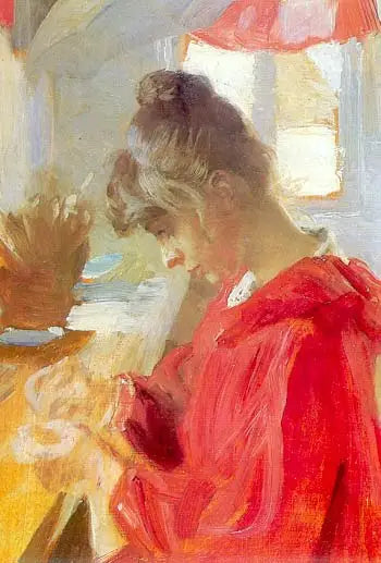 Marie sitter vid ett bord och syr - Peder Severin Krøyer