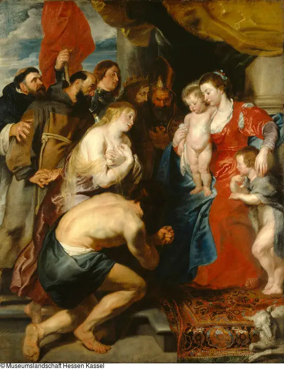 Marie och Jesus med helige Johannes, vördade av ångrade syndare och helgon (cirka 1619) - Peter Paul Rubens