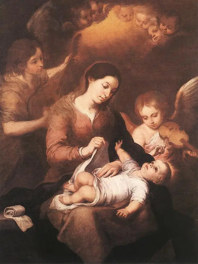 Marie och barnet med änglar som spelar musik - Bartolomé Esteban Murillo