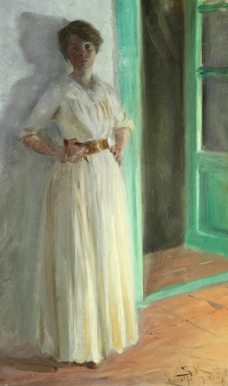 Marie Krøyer. Helkropps porträtt. Kväll vid lyktstolparnas sken på terrassen. - Peder Severin Krøyer