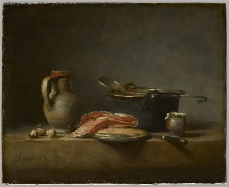 Kopparkittel, skumskrapa, kanna och laxskiva - Jean Simeón Chardin